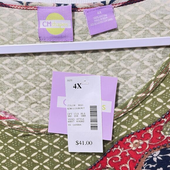 CM Shapes Women's Colorful Beaded Flowers Top Red and Green, Plus Size 4X NWT - Picture 4 of 4